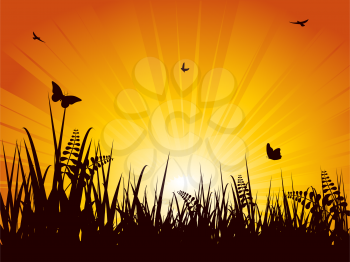 Royalty Free Clipart Image of a Sun Setting Over a Meadow